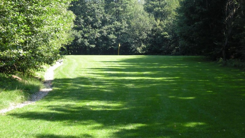 Golf Club Wienerwald, © Golf Club Wienerwald Grüne Golfbahn mit Fahne im Hintergrund, umgeben von Bäumen.
