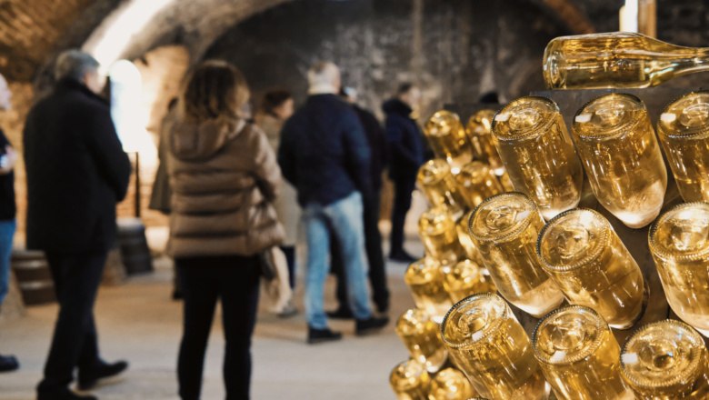 Schlumberger Kellerwelten, © Schlumberger Menschen in einem Weinkeller mit Flaschen im Vordergrund.