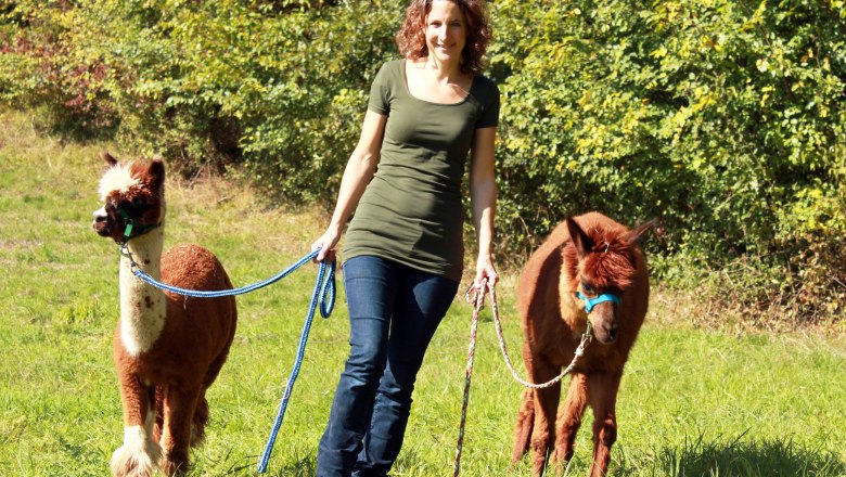 Llama Lady 2, © Astrid Herler Woman leading two alpacas on leashes in a meadow.