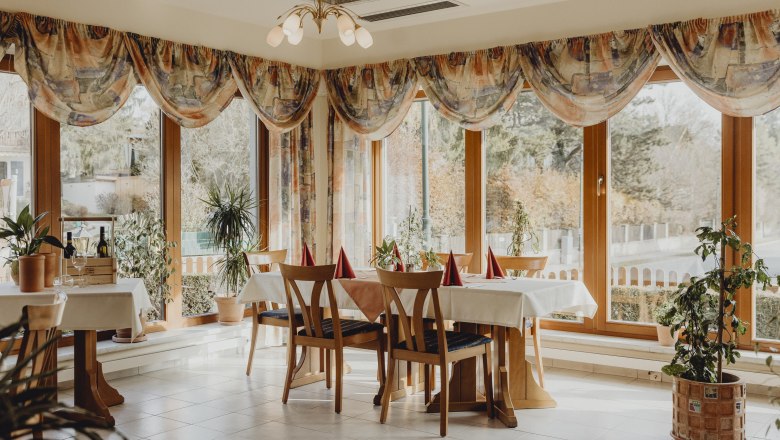 Helles und gemütliches Ambiente, © Niederösterreich Werbung/Sophie Menegaldo Ein helles Restaurant mit großen Fenstern, Holzmöbeln und Pflanzen.