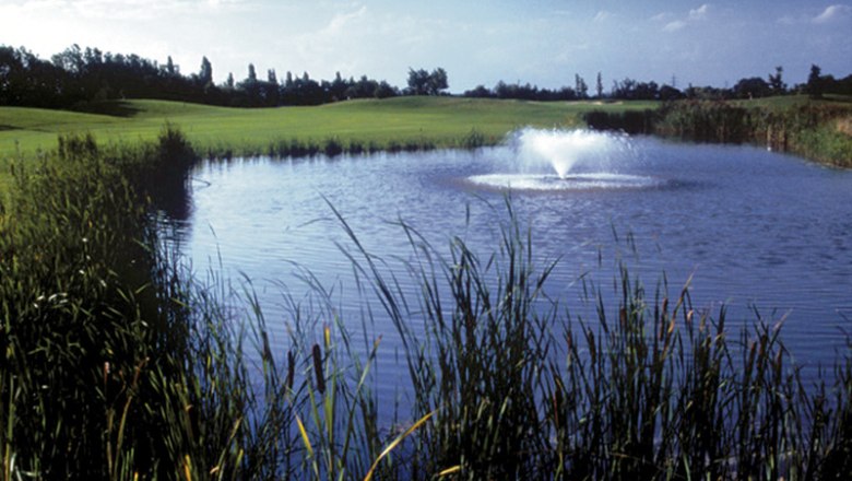 Golf course, © GC Leopoldsdorf A golf course with a pond and a fountain, surrounded by grass and trees.