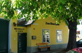 Altes Haus, © Sovik Gelbes Gebäude mit der Aufschrift 'Zum Alten Haus' und 'Weingut E. Sowik', umgeben von grünen Bäumen.