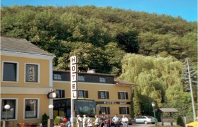 Haus, © Hotel-Gasthof Friedl Ein gelbes Hotelgebäude mit einem großen Hotelschild und Menschen davor, umgeben von Bäumen.