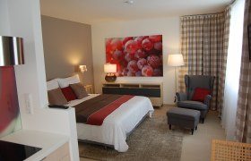 Apartment Zweigelt, © Harald Hundskarl Modern eingerichtetes Schlafzimmer mit Doppelbett, Sessel und großem Bild von Weintrauben an der Wand.