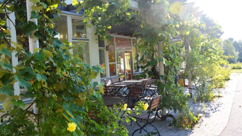Breitenfurt village community, © Dorfgemeinschaft Breitenfurt A sunny outdoor area with tables and chairs, surrounded by green plants and climbing vines.