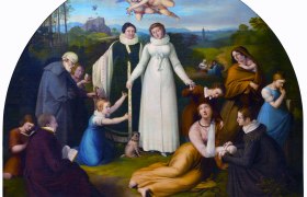 Historisches Gemälde mit einer Frau in Weiß, umgeben von Menschen in einer Landschaft. Zwei Engel schweben über ihr.