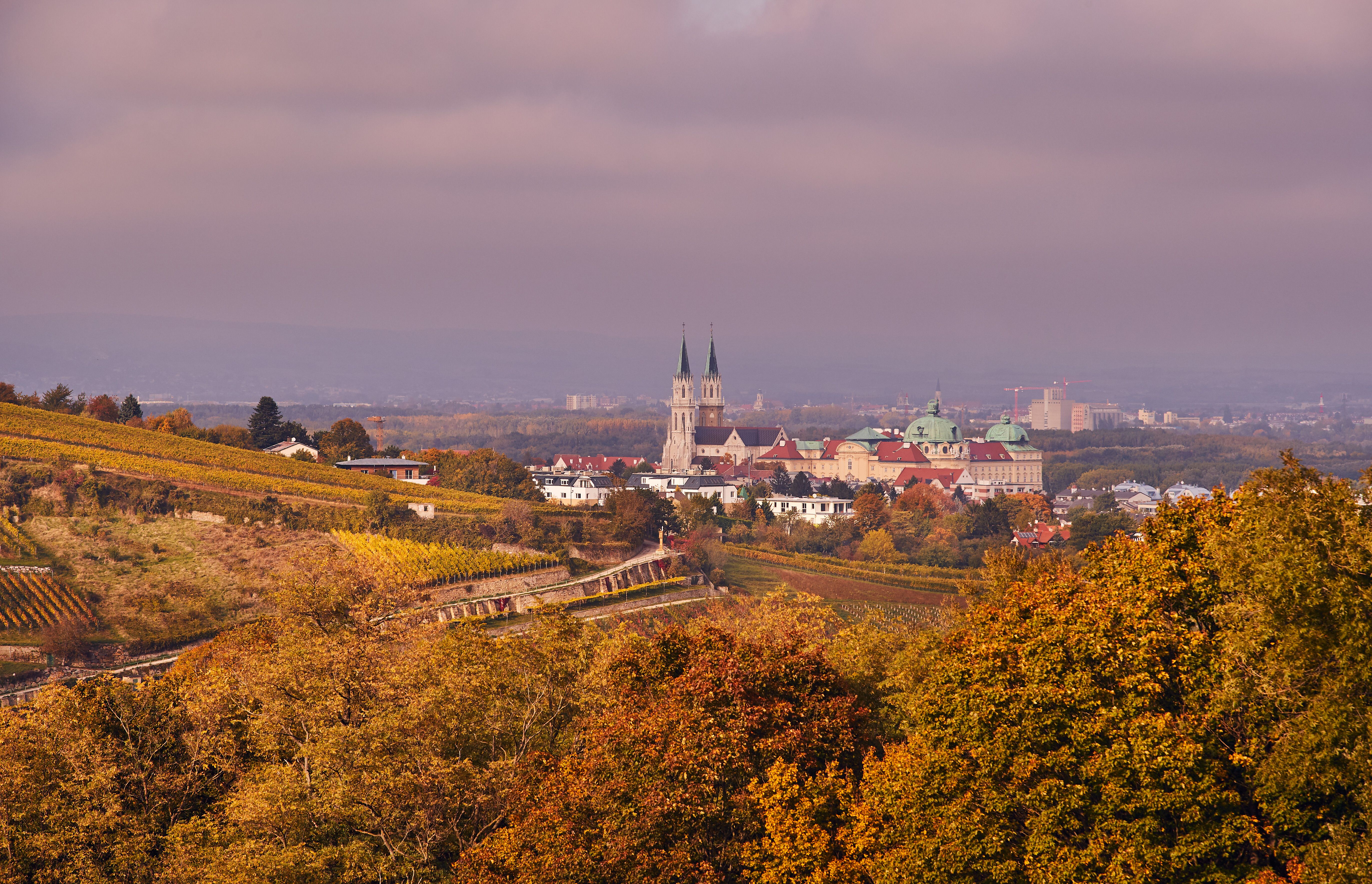 Im goldenen Licht des Herbstes erstrahlt die malerische Landschaft rund um das Stift Klosterneuburg. Die sanften Hügel sind mit buntem Laub bedeckt, während die Weinreben in der Ferne eine einladende Atmosphäre schaffen. Ein Ort, der die Seele berührt und zum Verweilen einlädt.
