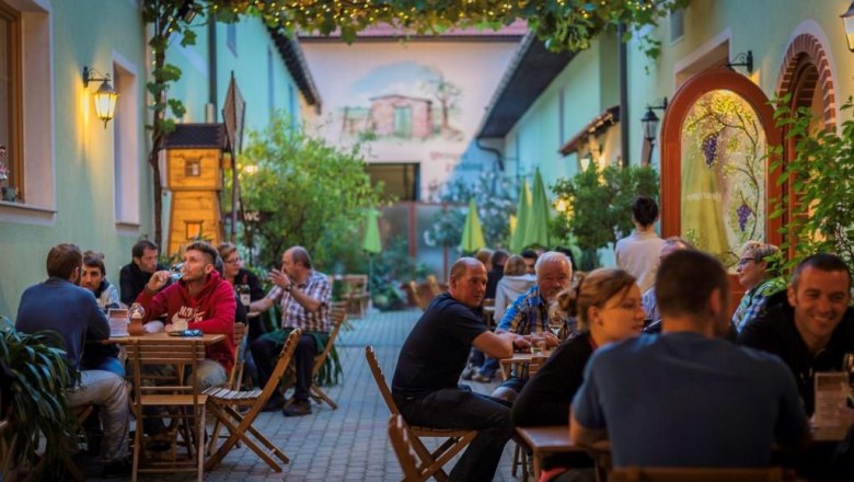People sit at wooden tables in a cozy courtyard of a winery, surrounded by plants and fairy lights.