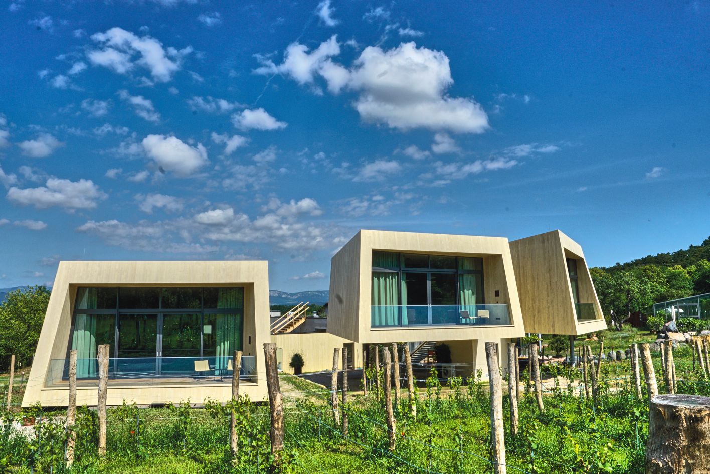Moderne Gartenlofts mit großen Fenstern und Holzverkleidung in einer grünen Landschaft unter blauem Himmel.