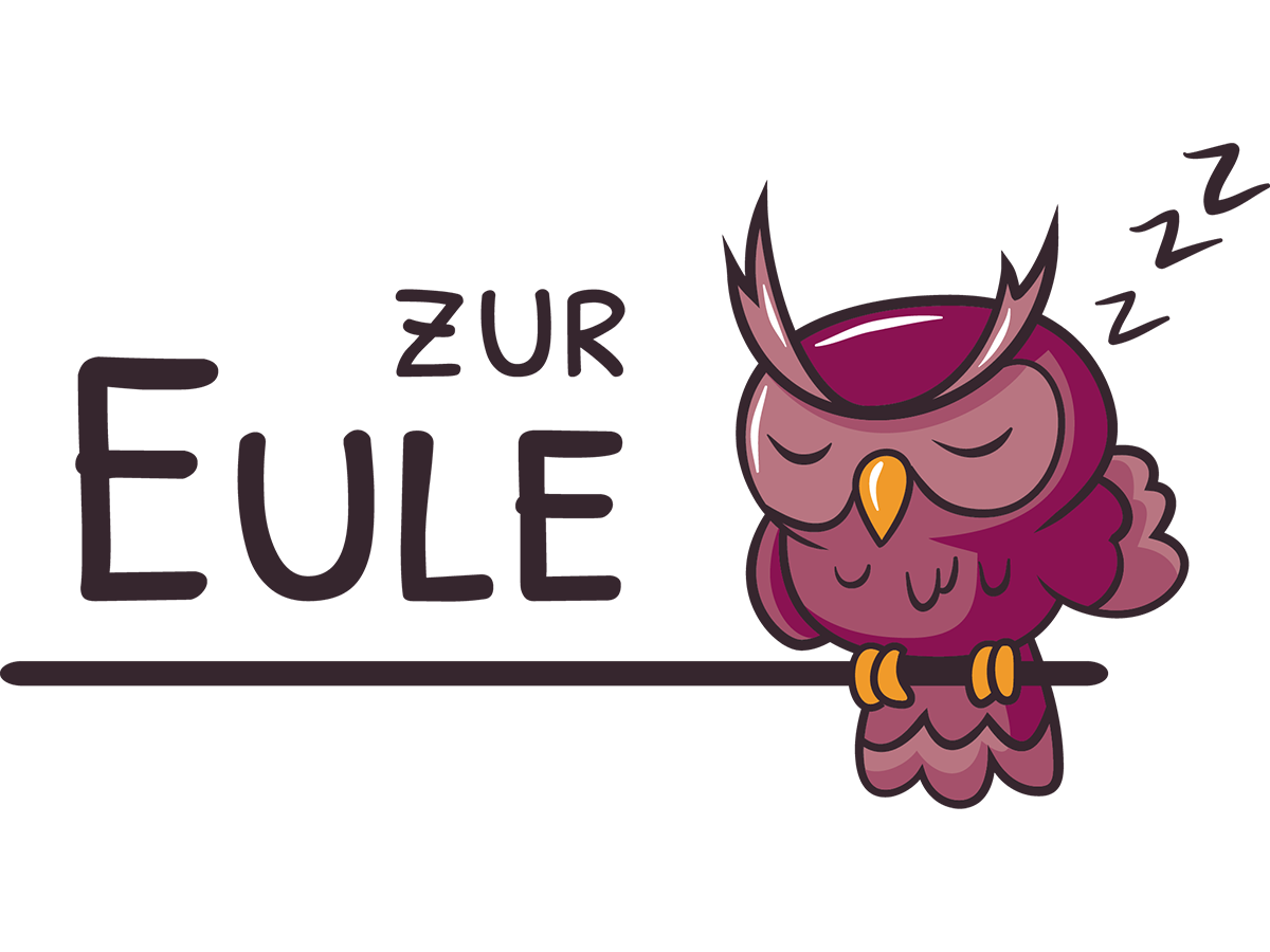 Betriebslogo Sommerhaus zur Eule. Eine schlafende violette Eule sitzt auf einem Ast,