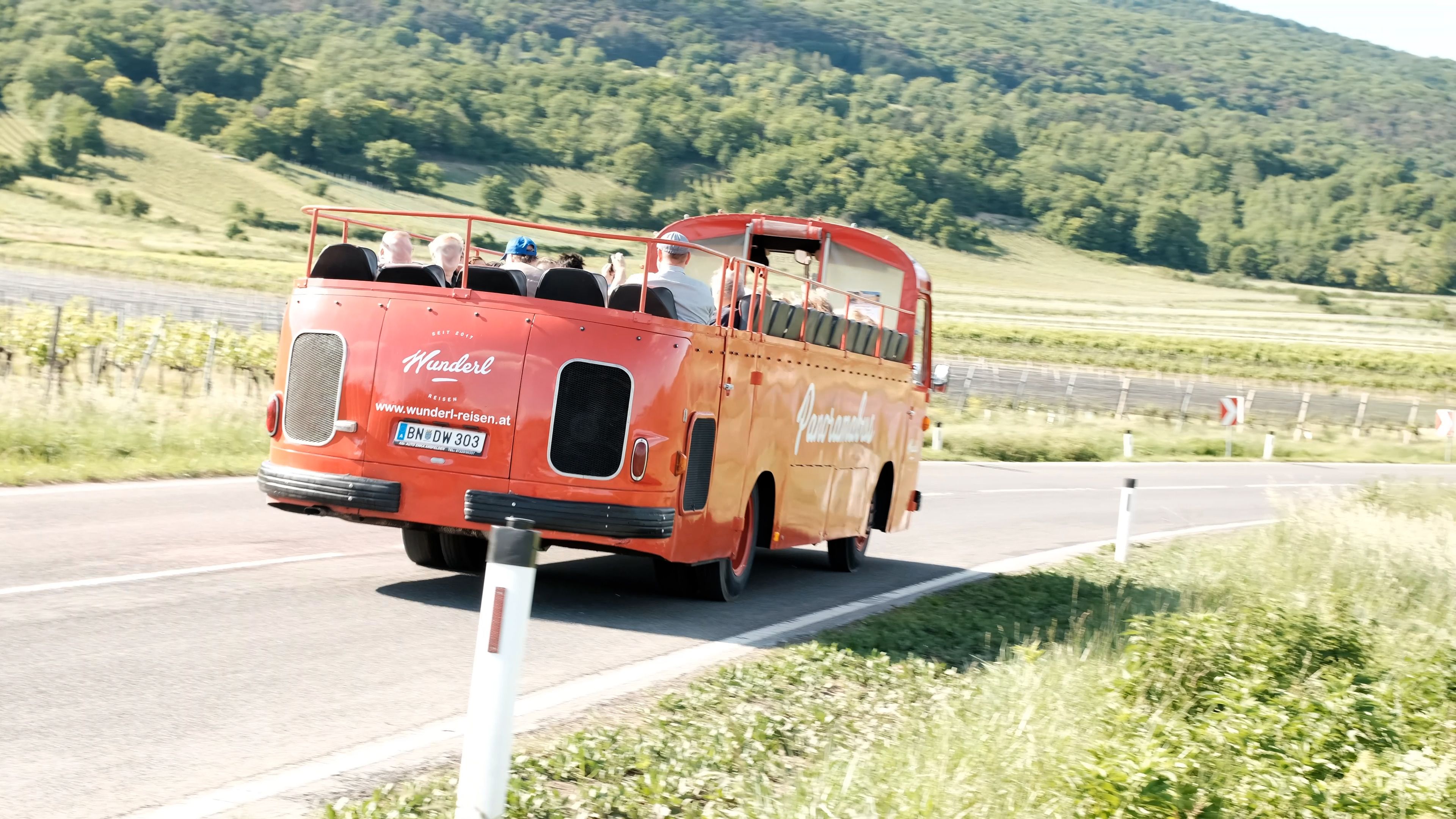 Ein roter Oldtimerbus mit offenem Oberdeck fährt auf einer Straße durch eine grüne Sommerlandschaft. Im Hintergrund sind sanfte Hügel, Wiesen und vereinzelte Bäume der Thermenregion Wienerwald zu sehen. Der Himmel ist hell und klar, es wirkt sonnig und warm.