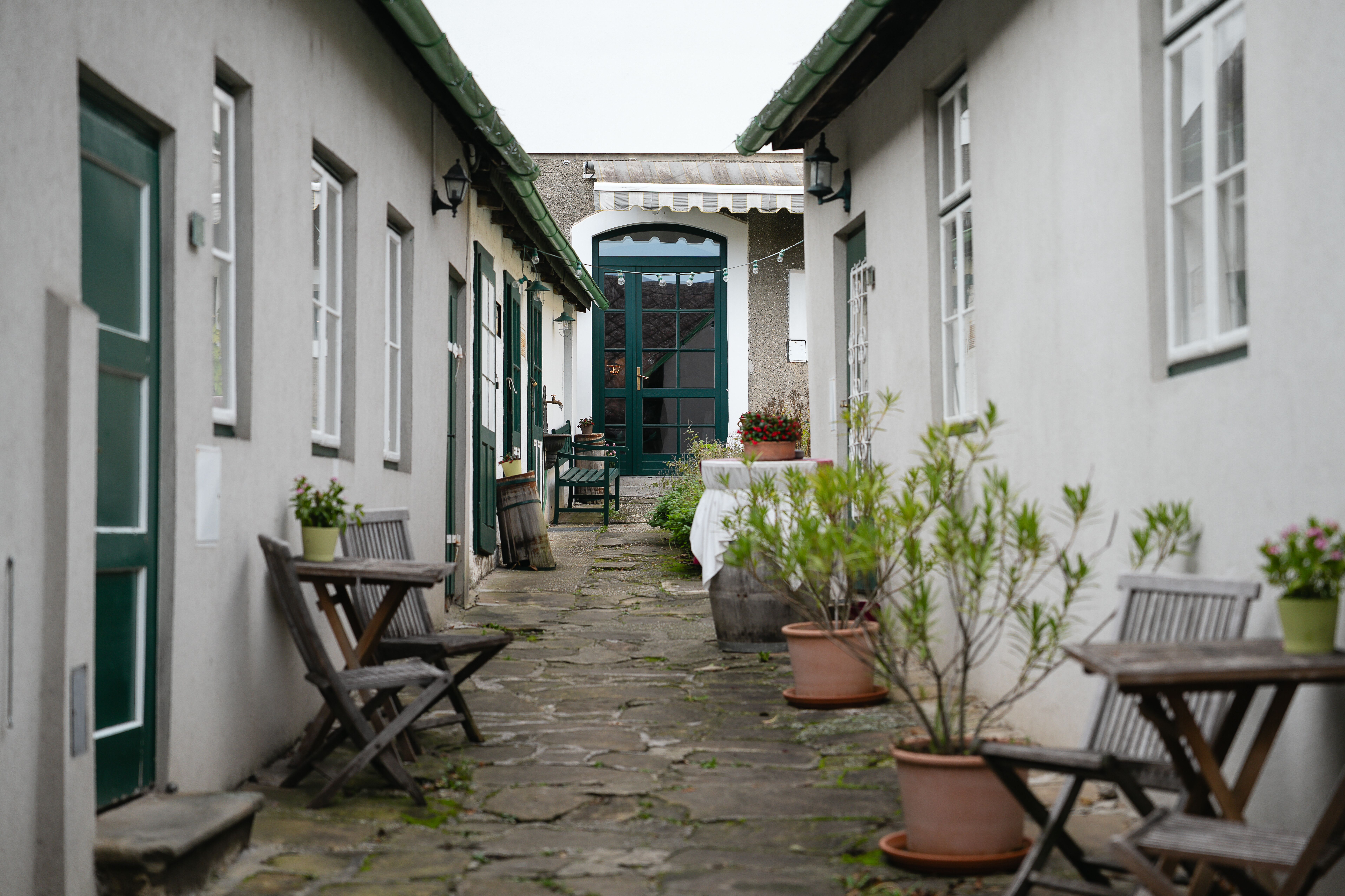 Im Herzen des Hauerhofs 99 entfaltet sich eine stille Symphonie aus Stein und Farbe. Der Innenhof, mit seinem geschichtsträchtigen Steinboden, wird von grün gestrichenen Türen und weißen Fensterrahmen umrahmt, die in schlichter Eleganz leuchten. Kunstvoll arrangierte Blumen bringen facettenreiche Nuancen in diesen Refugium für Genießer:innen. 