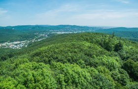 Panoramablick von der Rudolfswarte auf bewaldete H&uuml;gel und eine Stadt im Hintergrund.