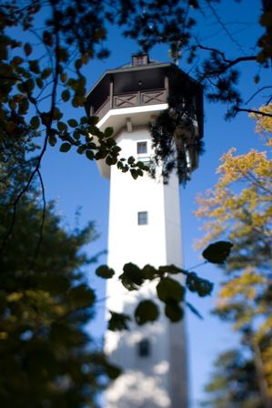 Ein weißer Aussichtsturm ragt in den blauen Himmel, umgeben von Bäumen mit Herbstlaub.