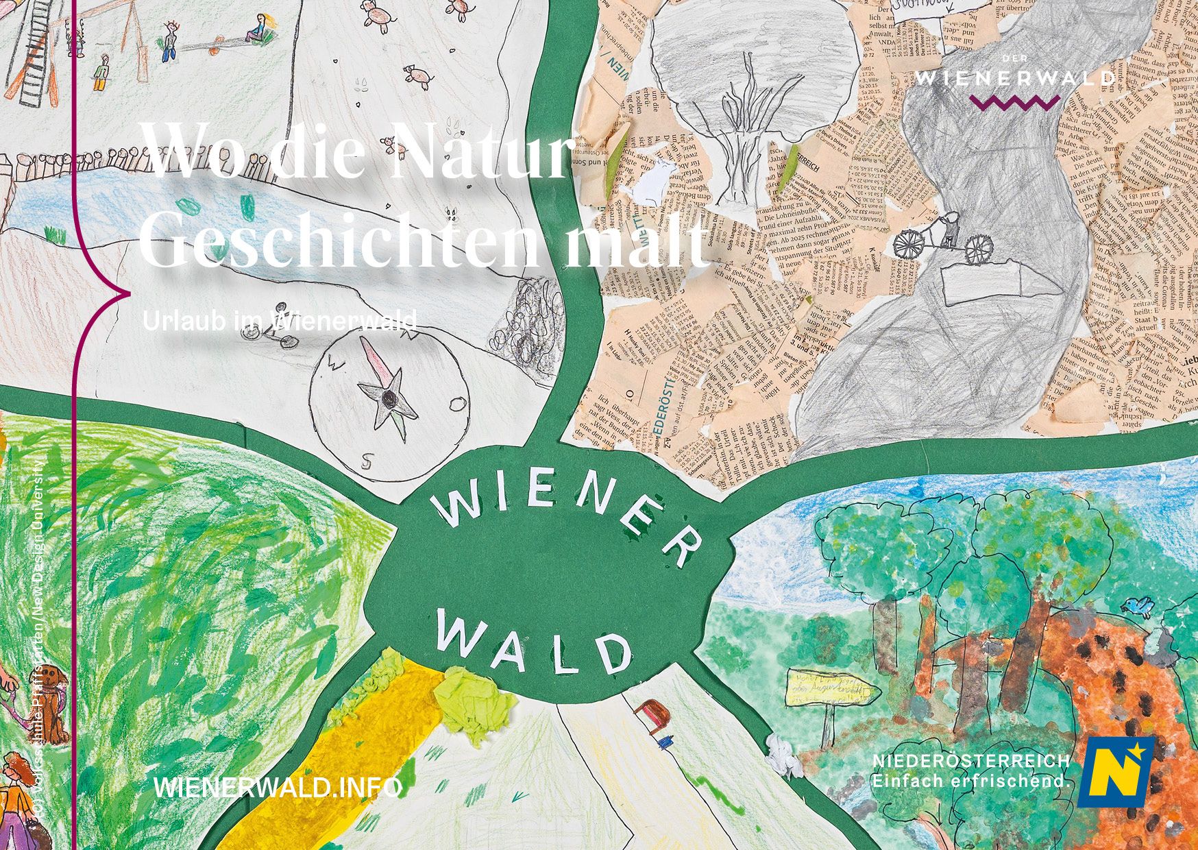 Wienerwald gezeichnet von Kindern, viel Grün mit Aktivitäten