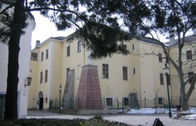Schloss Purkersdorf im Winter mit schneebedecktem Boden und Bäumen im Vordergrund.