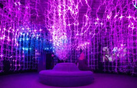 A room with purple and blue fairy lights hanging from the ceiling. A person is sitting on a round sofa.