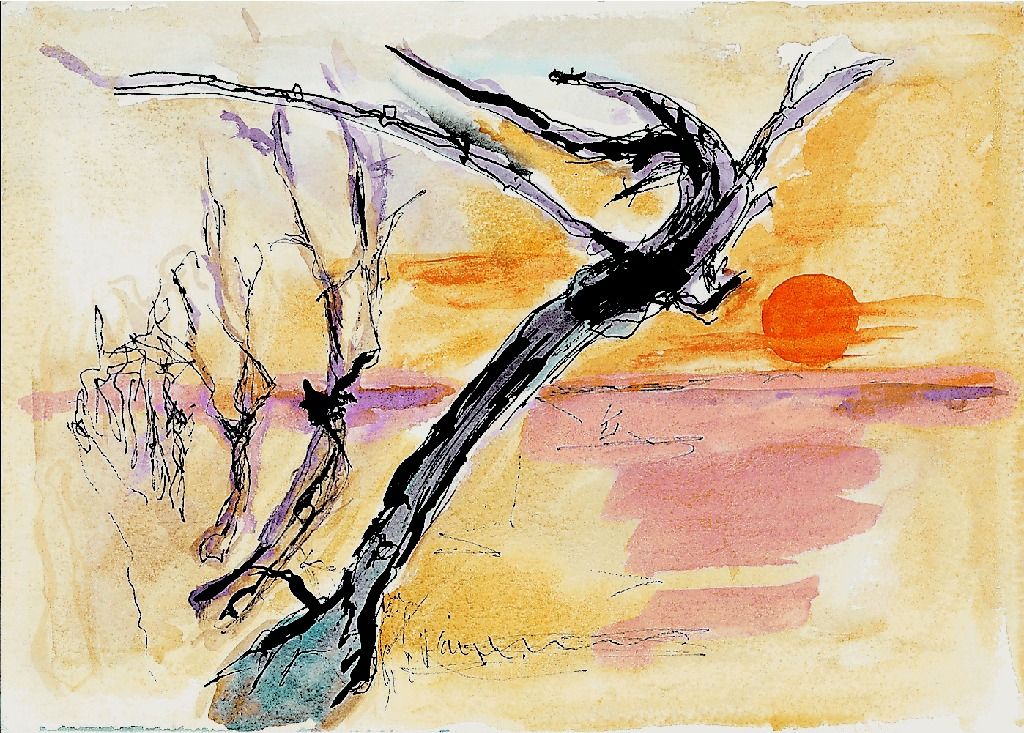 Gemälde eines Weinstocks vor einem orangefarbenen Sonnenuntergang.