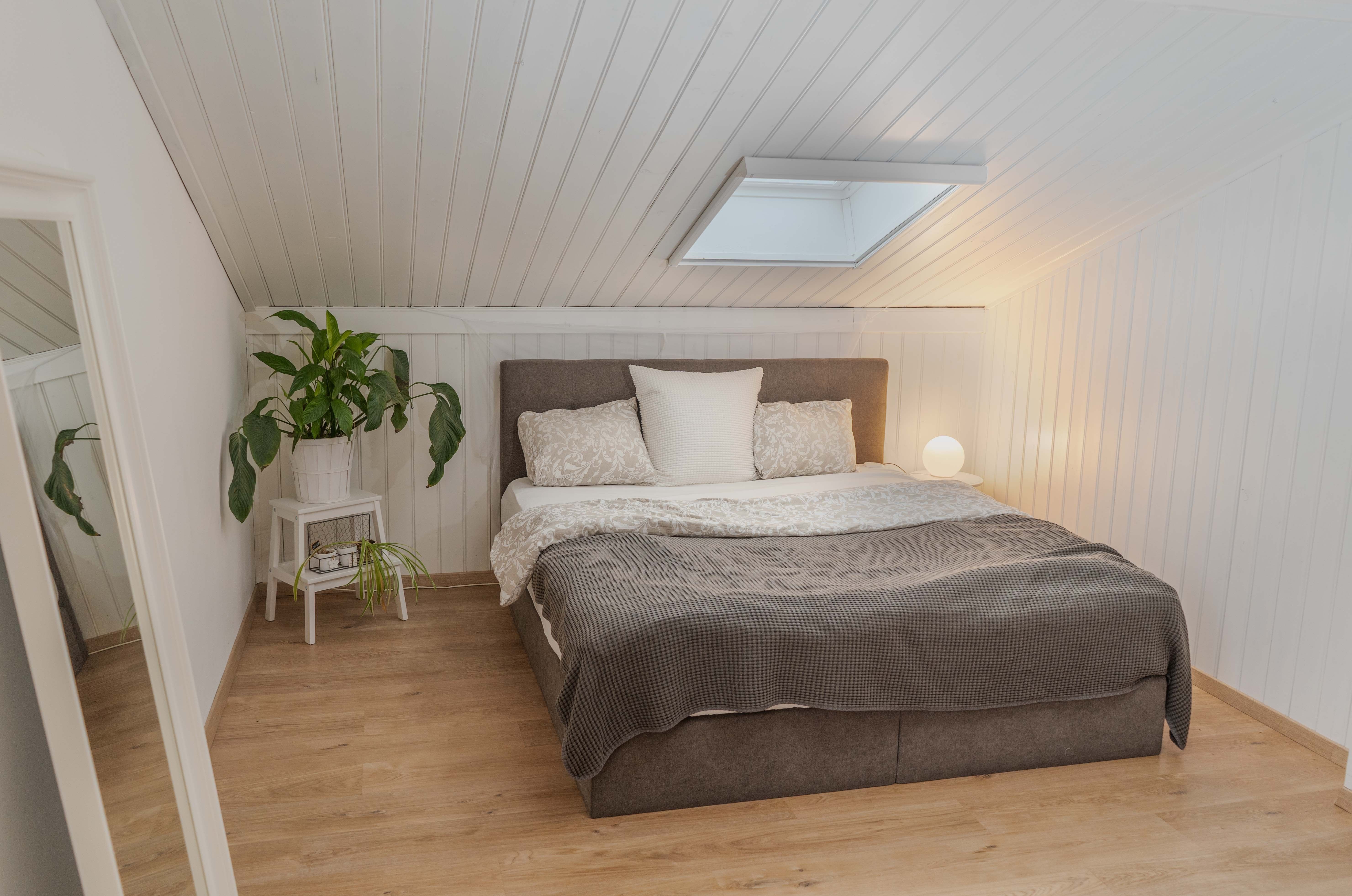 Gemütliches Schlafzimmer mit Dachschräge, Bett, Pflanzen und Lampe.