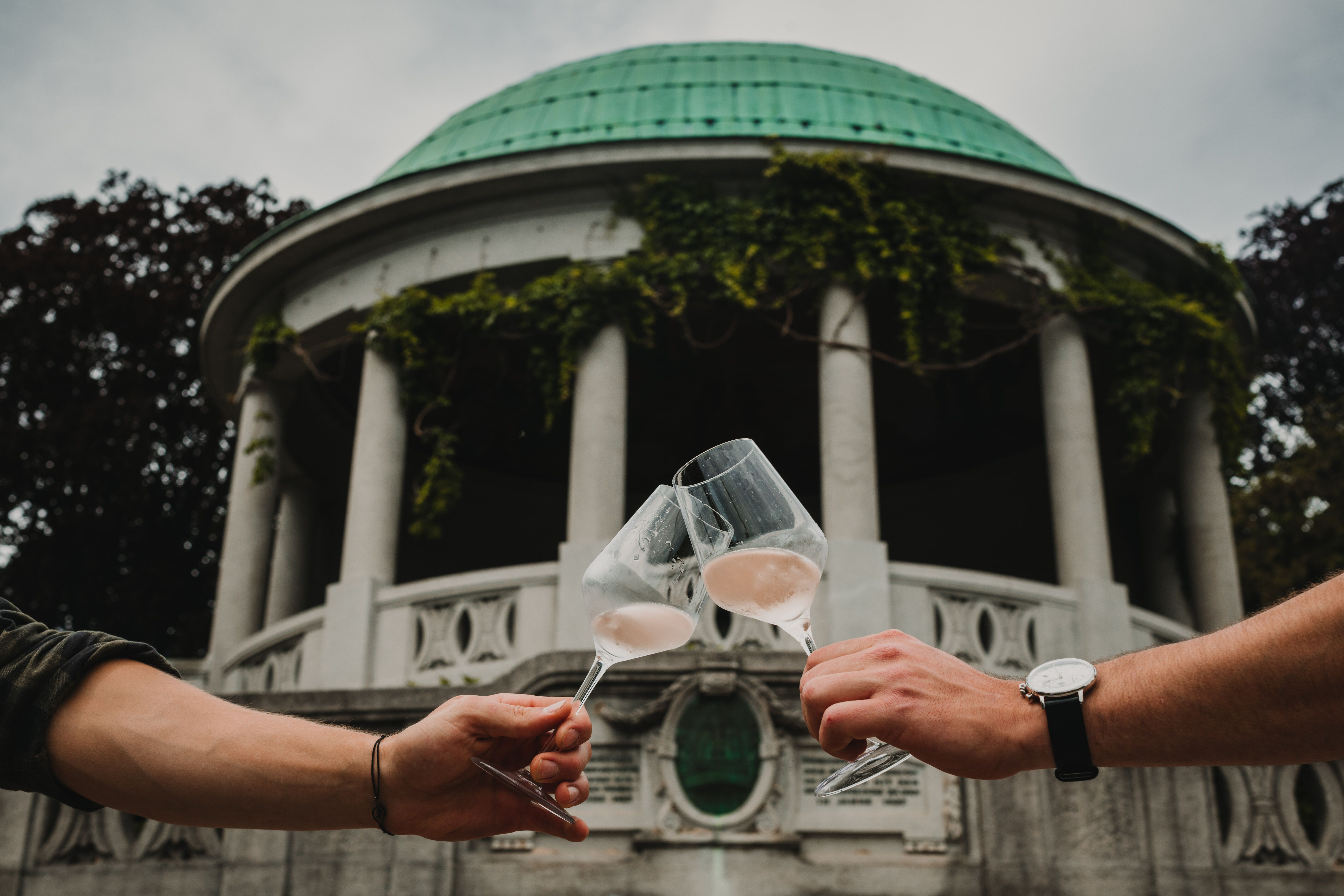 Inmitten der malerischen Kulisse der Thermenregion Wienerwald stoßen Freunde mit Gläsern an und genießen den Moment. Die sanften Hügel und die üppige Vegetation schaffen eine einladende Atmosphäre, die zum Verweilen einlädt. Hier wird der Sommer in vollen Zügen gefeiert, während die Natur ihre Schönheit entfaltet.
