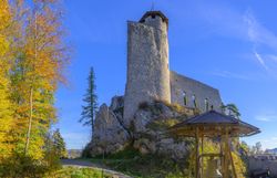 Araburg bei Kaumberg thront auf einem bewaldeten Hügel an einem klaren Herbsttag; über der Ruine spannt sich ein tiefblauer Himmel, während gelb‑orange verfärbte Laubbäume die Araburg umgeben.