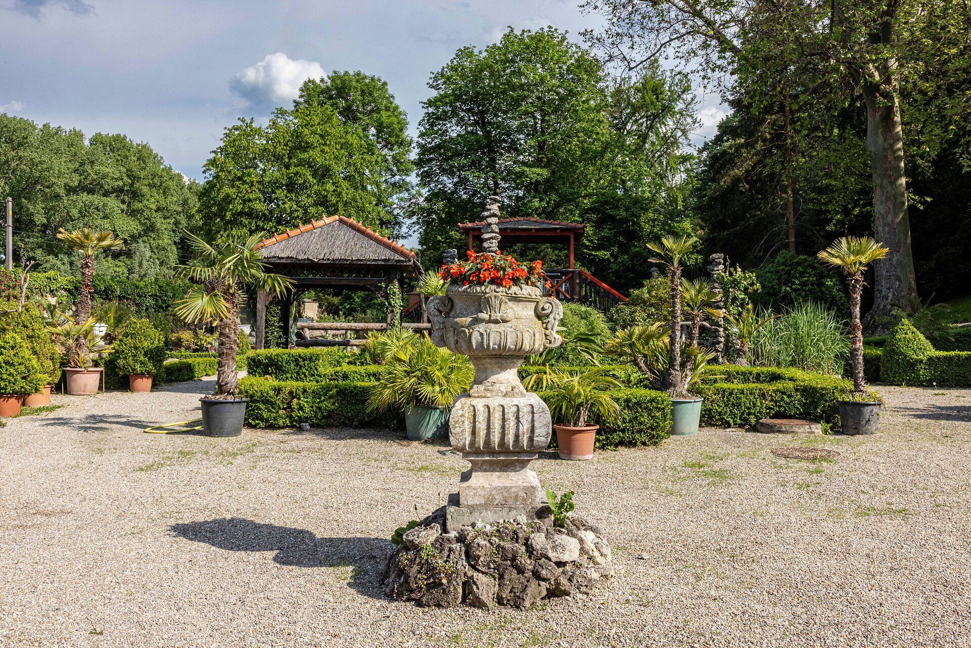 Inmitten üppiger Pflanzen und blühender Blumen entfaltet sich eine Oase der Ruhe. Der elegante Blumenkübel, geschmückt mit leuchtenden Farben, zieht die Blicke auf sich und lädt zum Verweilen ein. Genießen Sie die harmonische Atmosphäre und die Schönheit der Natur in dieser idyllischen Umgebung.