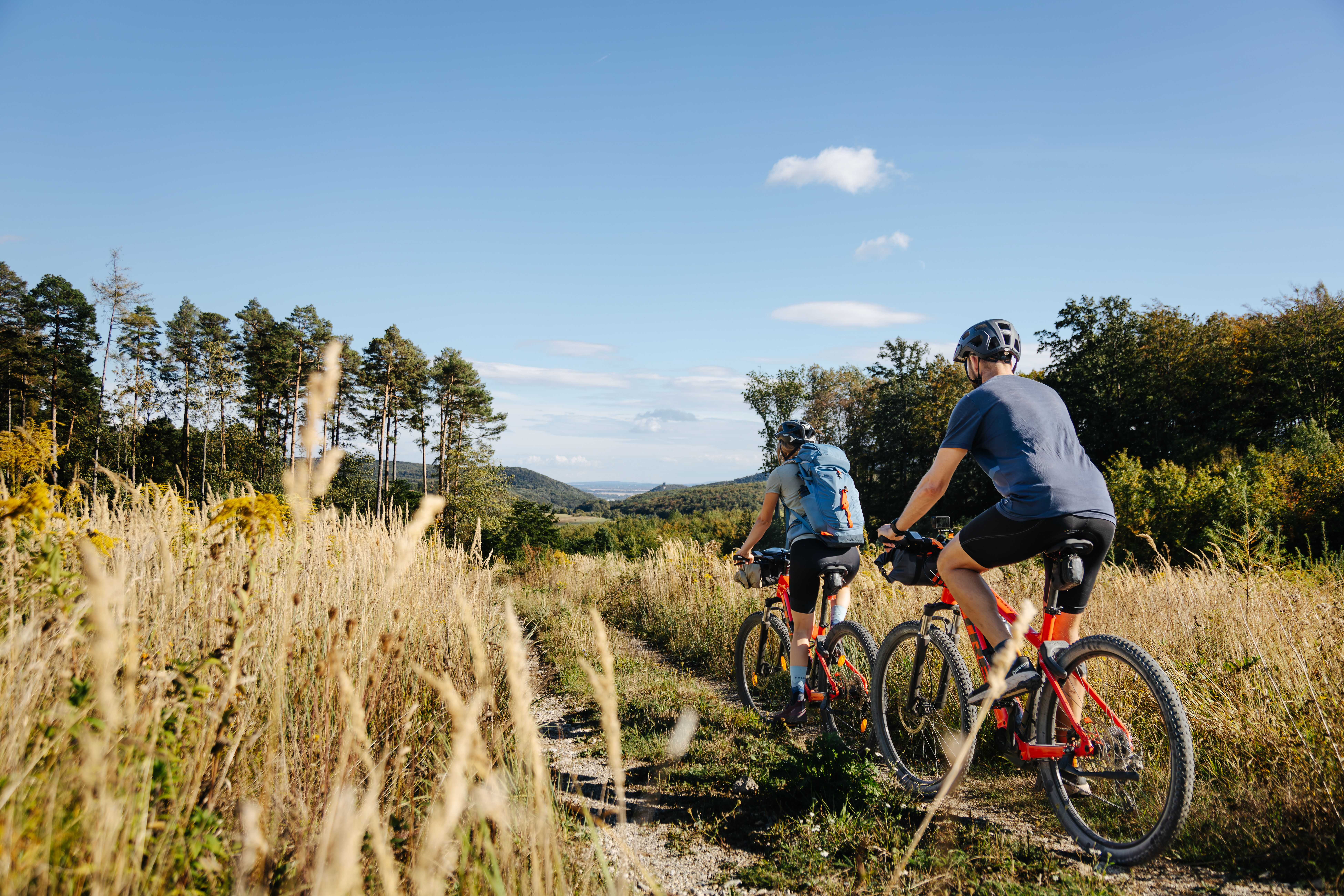 Die sanften Hügel des Wienerwaldes laden zu einer erfrischenden Radtour ein. Umgeben von goldenen Gräsern und dem klaren blauen Himmel genießen Radfahrer die atemberaubende Aussicht auf die umliegende Landschaft. Hier, zwischen Heiligenkreuz und Hinterbrühl, wird der Sommer in den Bergen zum unvergesslichen Erlebnis.