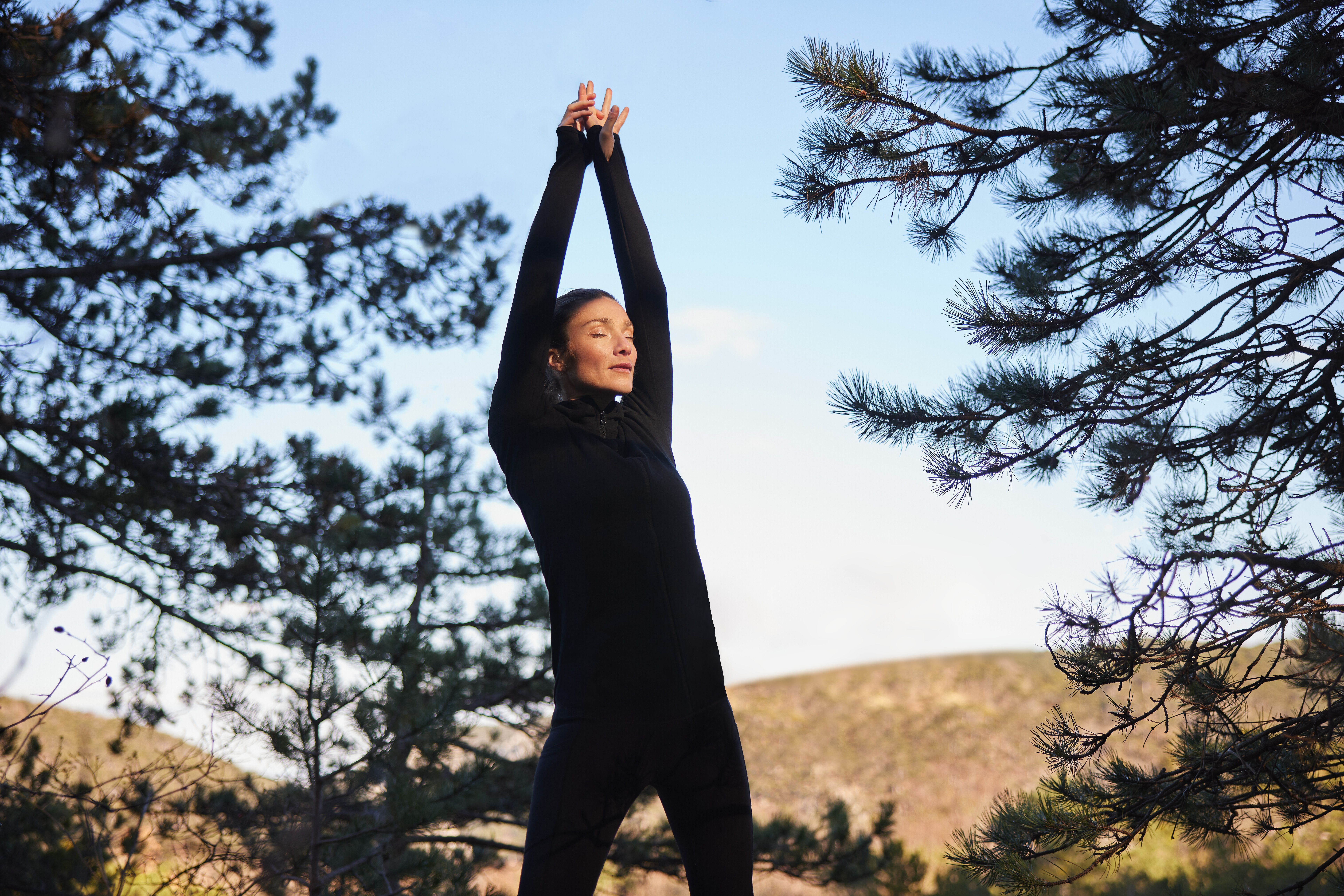 Inmitten der majestätischen Natur des Wienerwaldes entfaltet sich eine harmonische Szene, in der eine Person mit anmutigen Bewegungen ihre Flexibilität und innere Ruhe stärkt. Die frische Bergluft und das sanfte Licht schaffen eine einladende Atmosphäre, die zum Entspannen und Wohlfühlen einlädt.