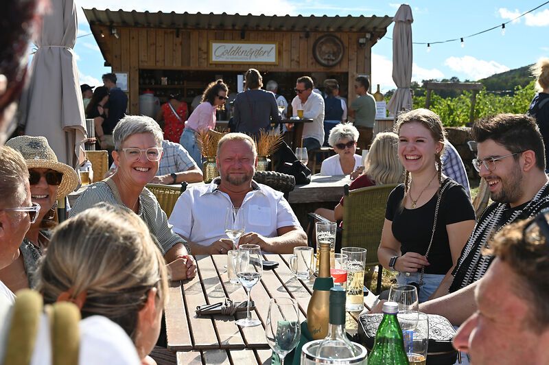 Ein Gruppe von Personen sitzt auf einem Heurigentisch im Weingarten bei einem Betrieb und strahlt in die Kamera