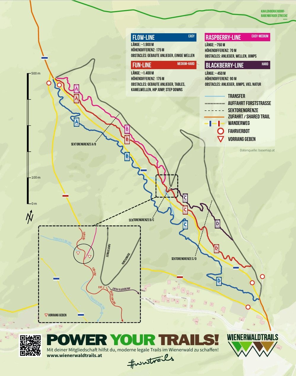 Eine Karte die den Trailpark Weidlingbach zeigt und die 4 Lines die durch den Trailpark Weidlingbach führen.