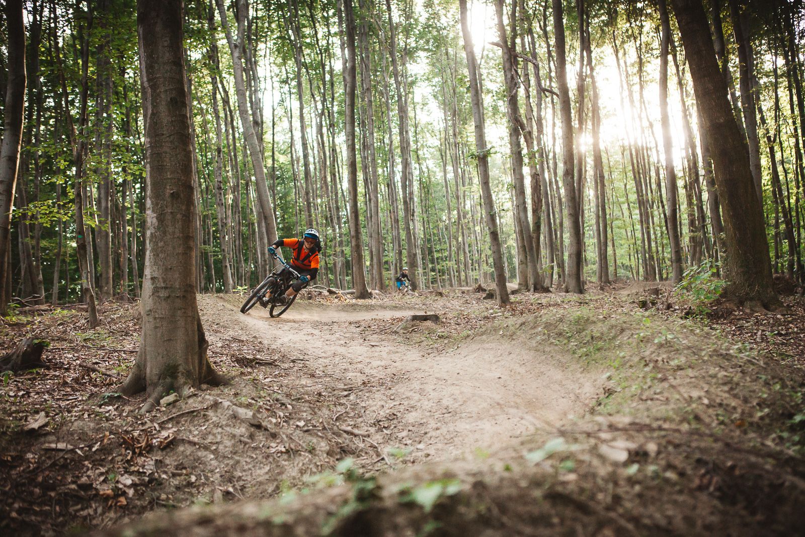Ein Mountainbiker fährt einen Mountainbike Trail bergab im Trailpark Weidlingbach im Wienerwald.