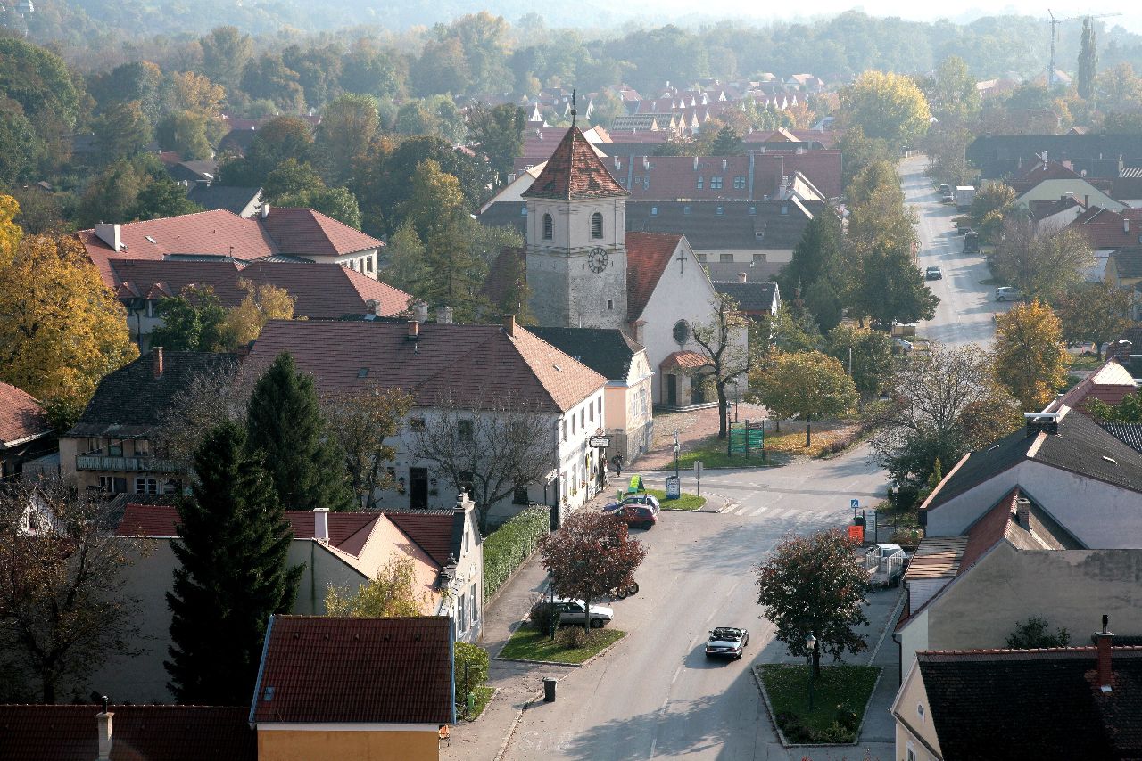Luftaufnahme eines Dorfes mit Kirche und Bäumen.