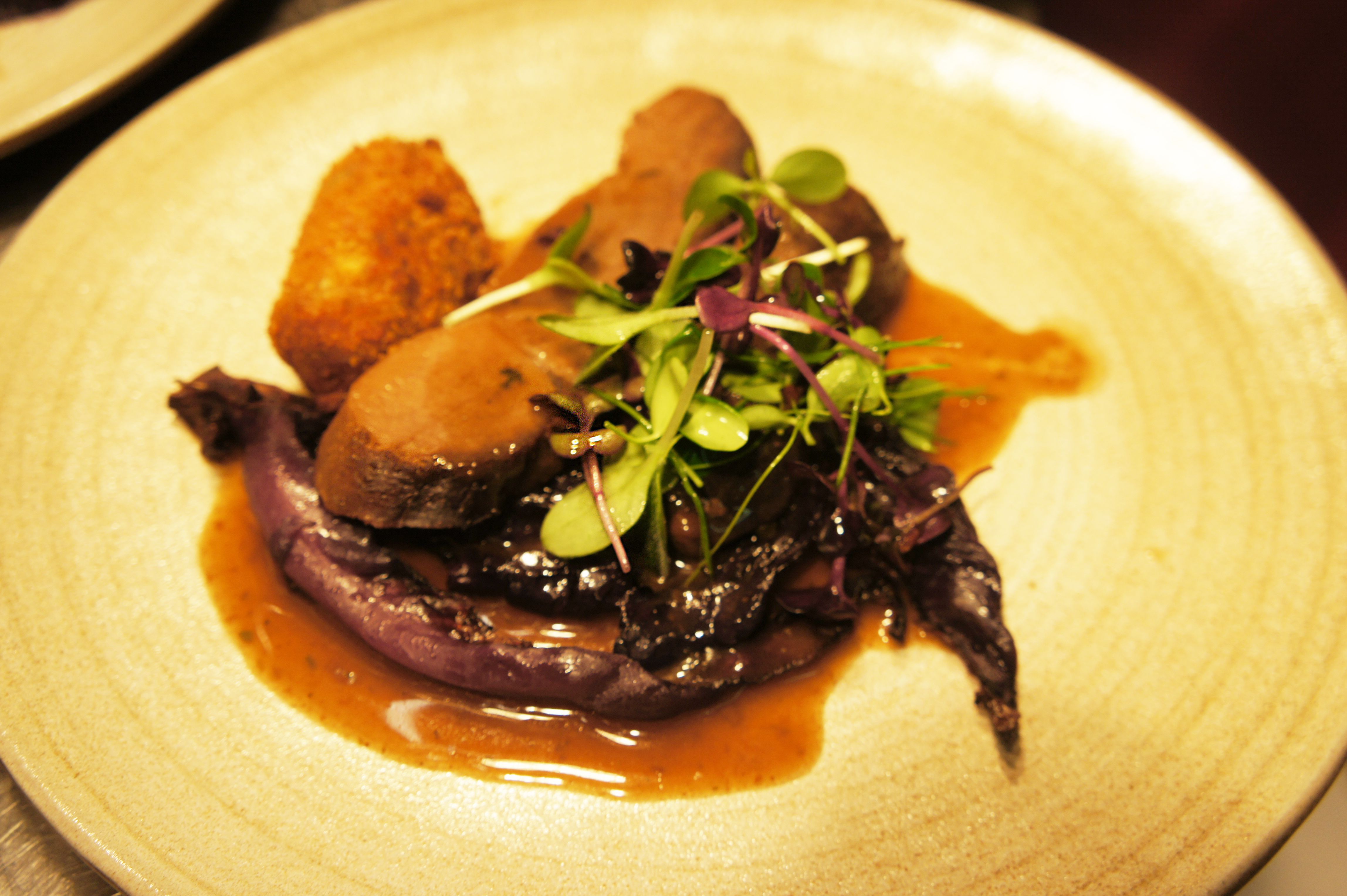 Eine Fleisch-Hauptspeise ist auf einem Teller angerichtet und mit grünem Salat sowie einer dunklen Sauce garniert. Die Speise wirkt sorgfältig präsentiert.