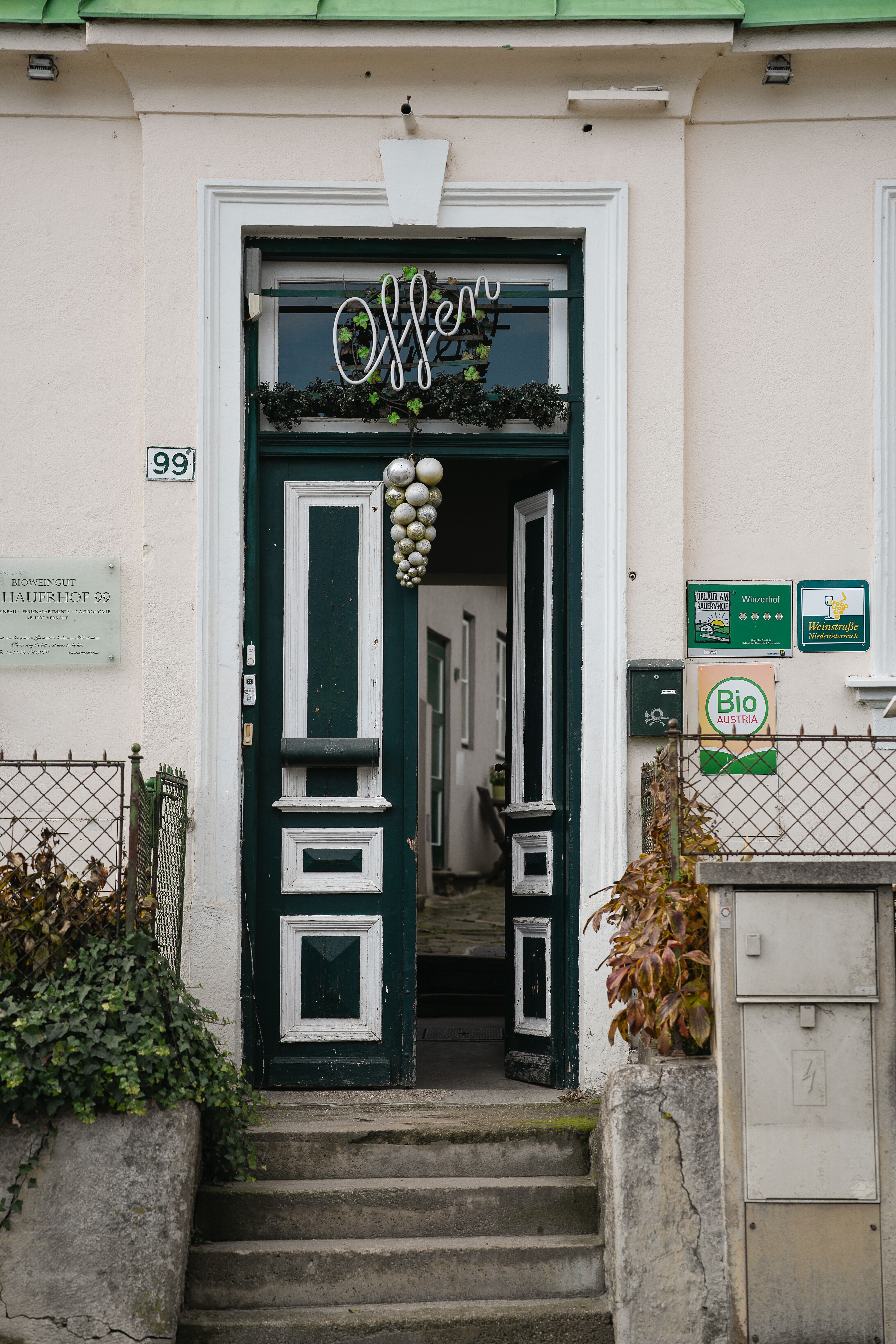Eine rustikale grüne Eingangstüre zum Hauerhof 99, geschmückt mit einem 'OFFEN'-Schild. Die Tür ist dekoriert mit Kugeln, die kunstvoll zu einer Weintraube geformt sind, was den ländlichen Charme unterstreicht.