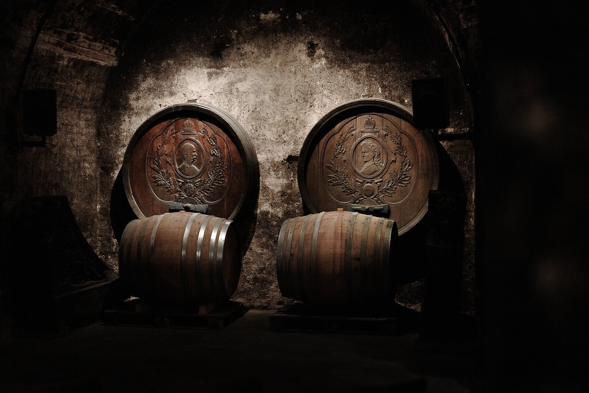 In einem geheimnisvollen Kellerraum ruhen majestätische Holzfässer, die den Duft von edlem Aceto Balsamico verströmen. Das sanfte Licht spielt auf den kunstvoll verzierten Fassoberflächen und schafft eine Atmosphäre der Tradition und des Genusses. Hier, wo Handwerk und Natur aufeinandertreffen, wird die Essenz des Wienerwaldes lebendig.