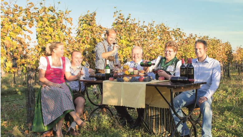 Eine Familie sitzt an einem Tisch im Weinberg und genießt Wein und Snacks.