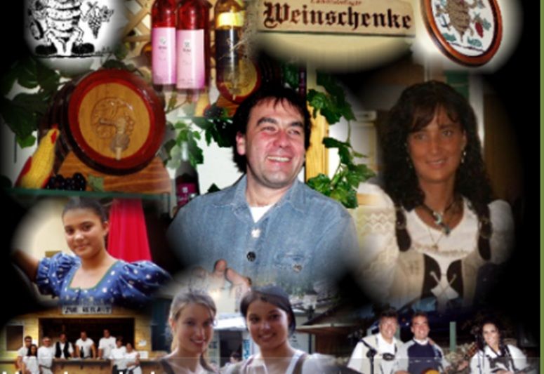 Collage von Menschen in traditioneller Kleidung und Weinschildern.
