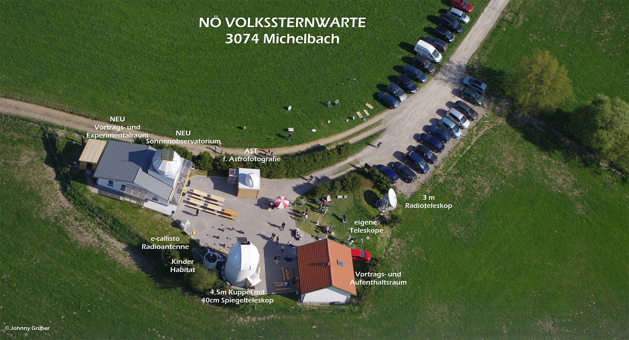 Luftaufnahme der Volkssternwarte Michelbach mit Gebäuden, Teleskopen und geparkten Autos.