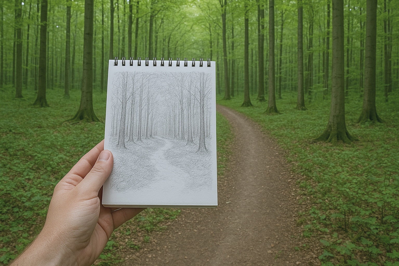 Im Buchenwald wird ein Zeichenblock gehalten auf dem ein Wald skizziert ist. 