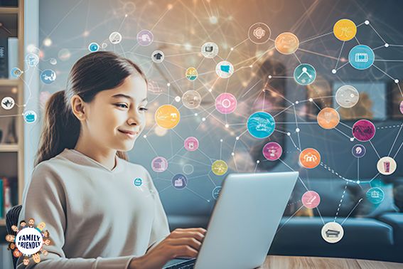 Smiling girl using laptop computer from home to do school work and study. Modern concept of technolo