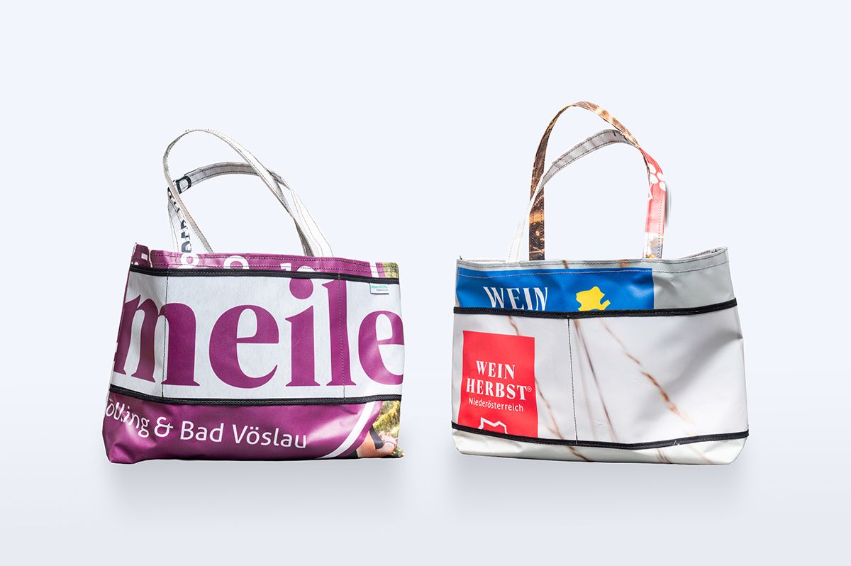 Handgefertigte Taschen aus Genussmeile Werbebannern