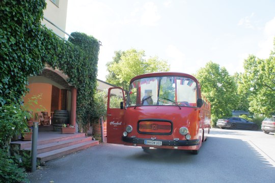 Oldtimer Panoramabus vorm Heurigen, © Wienerwald Tourismus