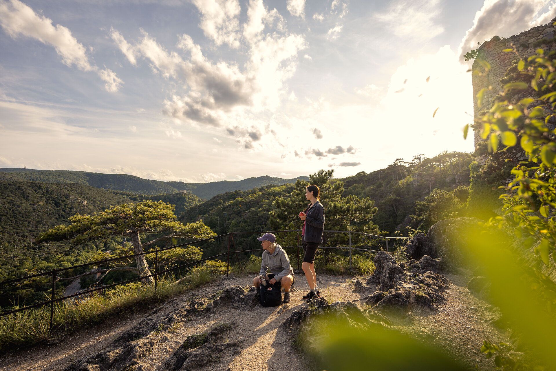Die sanften Hügel des Wienerwaldes erstrecken sich majestätisch im Hintergrund, während die warmen Sonnenstrahlen die Wanderer umarmen. Umgeben von duftenden Kiefern und dem beruhigenden Klang der Natur, lädt dieser Ort dazu ein, die Seele baumeln zu lassen und die atemberaubende Aussicht zu genießen.