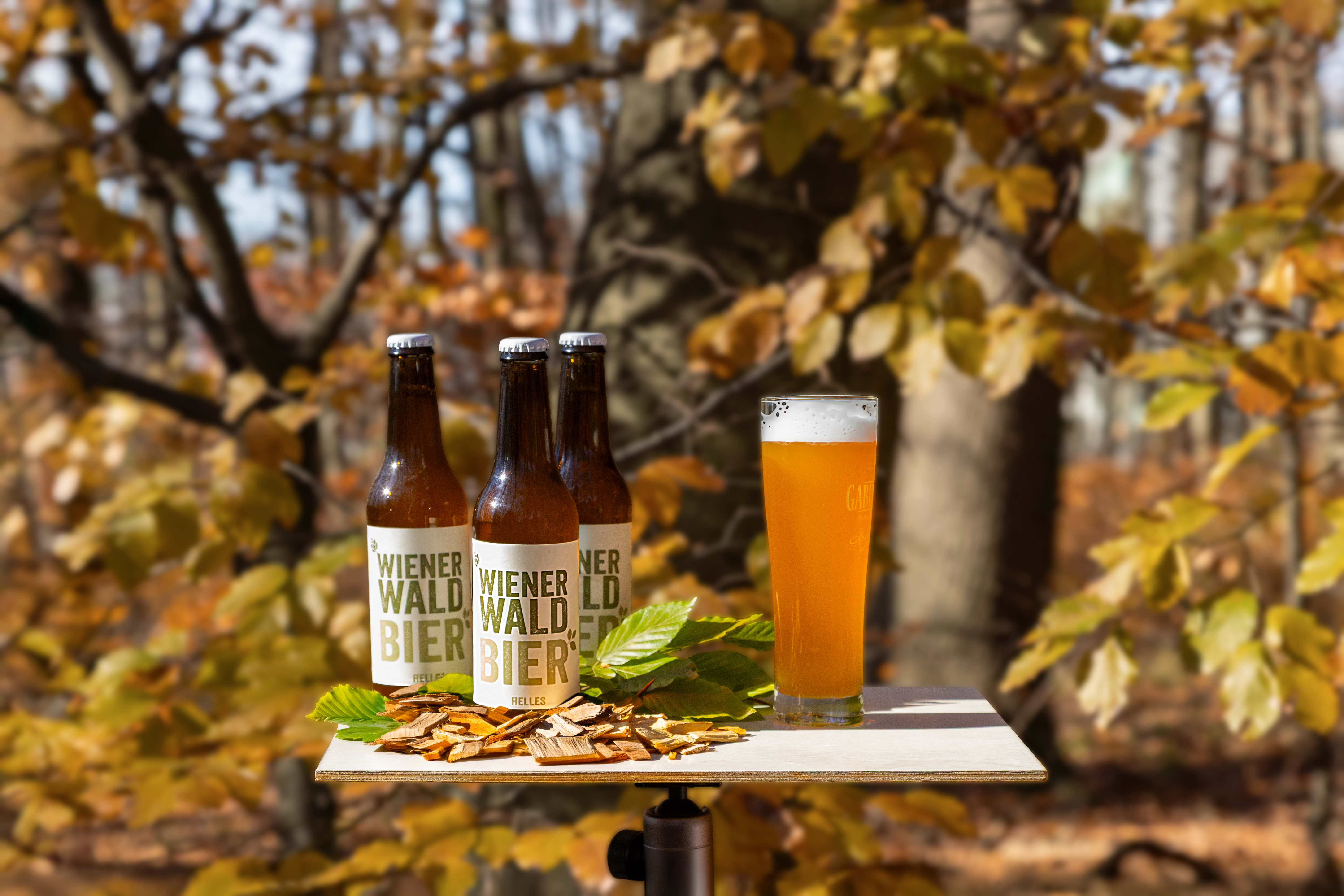 Arrangiert auf einem Tisch im herbstlich verfärbten Wienerwald stehen 3 Flaschen Wienerwaldbier und ein Glas Bier, umgeben von warmen Sonnenlicht. 
