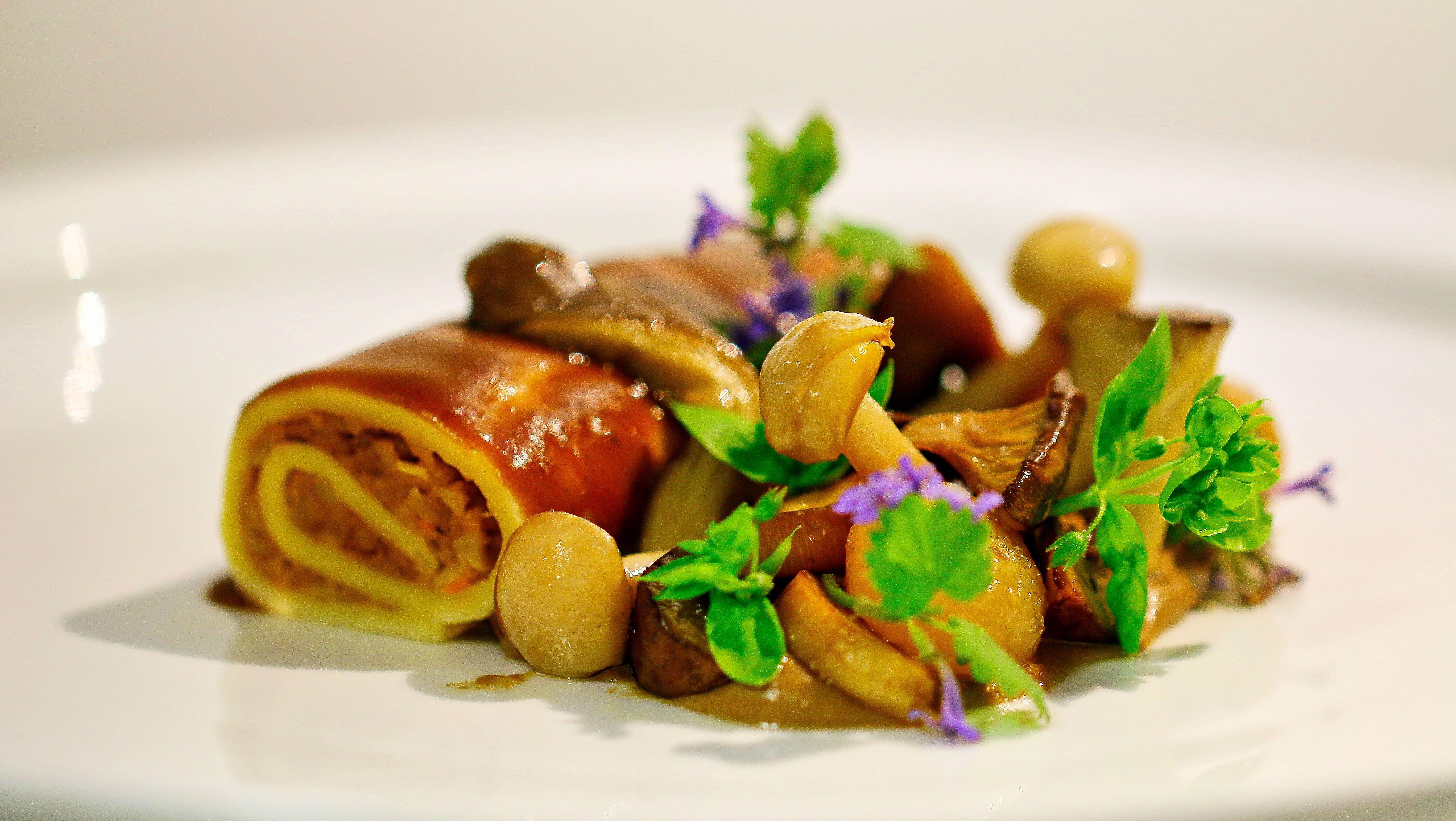 Gourmetgericht mit Pilzen und frischen Kräutern auf weißem Teller angerichtet.