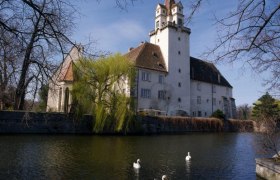 Ebreichsdorf Castle with pond and swans in the foreground.