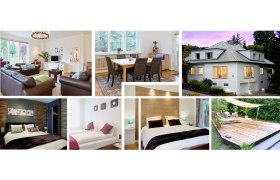 Collage von Innen- und Außenansichten eines modernen Hauses mit Wohnzimmer, Esszimmer, Schlafzimmern und Terrasse.