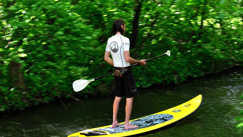 Person stand up paddling on a river, surrounded by green vegetation.
