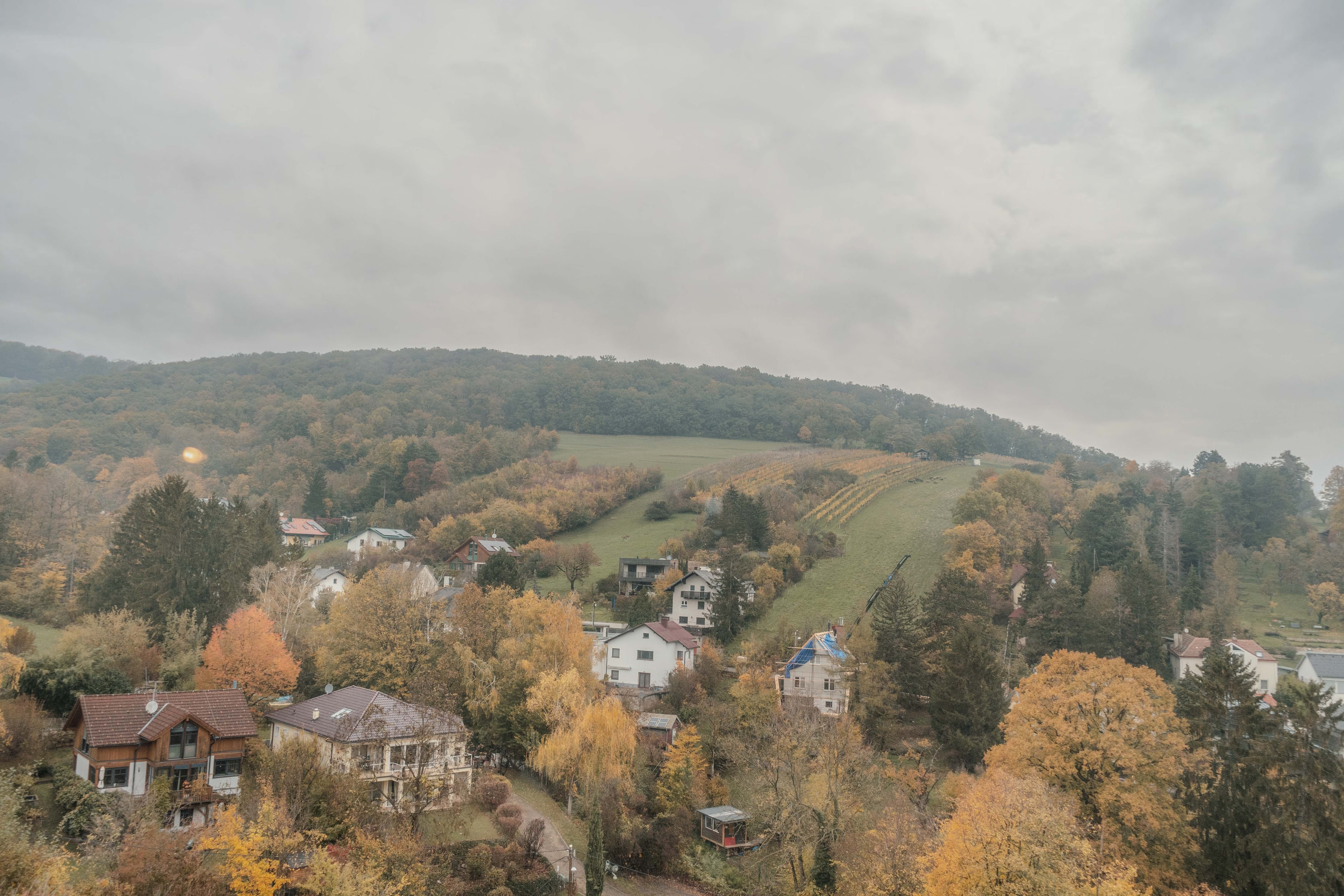 Blick auf eine herbstliche Landschaft mit Hügeln, Häusern und Bäumen.
