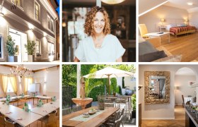 Collage von Hotelbildern: Außenansicht, Frau, Zimmer, Konferenzraum, Terrasse, Frühstücksbuffet.